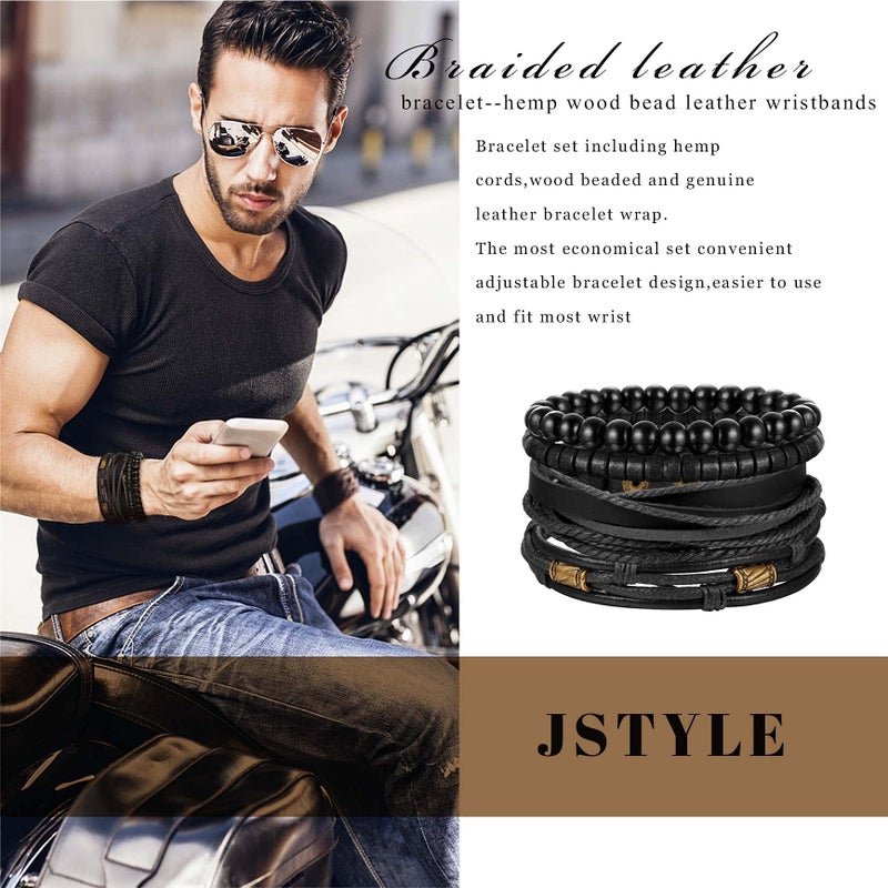Jstyle مجموعة أساور جلدية مضفرة من Jstyle مكونة من 4 قطع للنساء والرجال، أساور كوف مع خرز، قابلة للتعديل باللون الأسود - Image 5